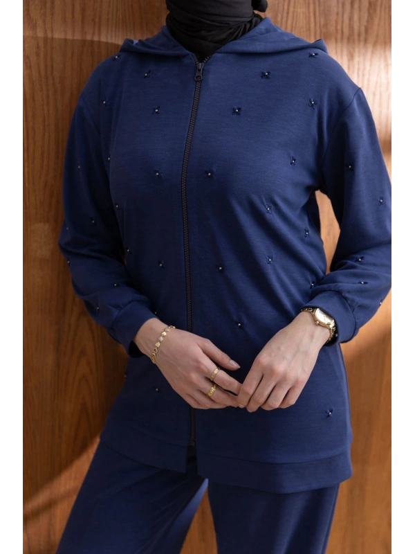 NAKIŞ VE İNCİ DETAYLI PANTOLONLU TAKIM - LACİVERT