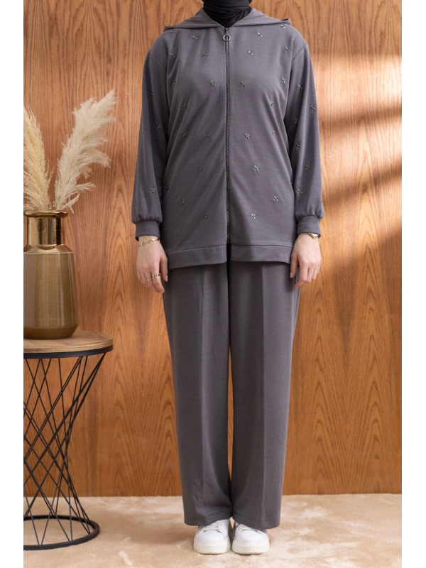 NAKIŞ VE İNCİ DETAYLI PANTOLONLU TAKIM - ANTRASİT