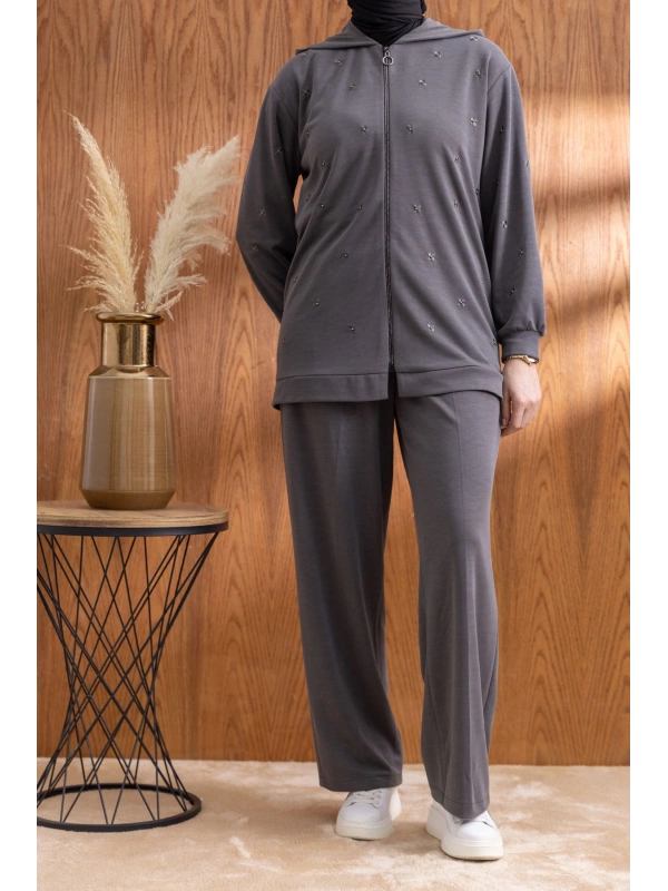 NAKIŞ VE İNCİ DETAYLI PANTOLONLU TAKIM - ANTRASİT