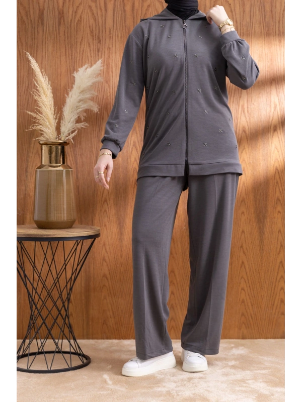 NAKIŞ VE İNCİ DETAYLI PANTOLONLU TAKIM - ANTRASİT