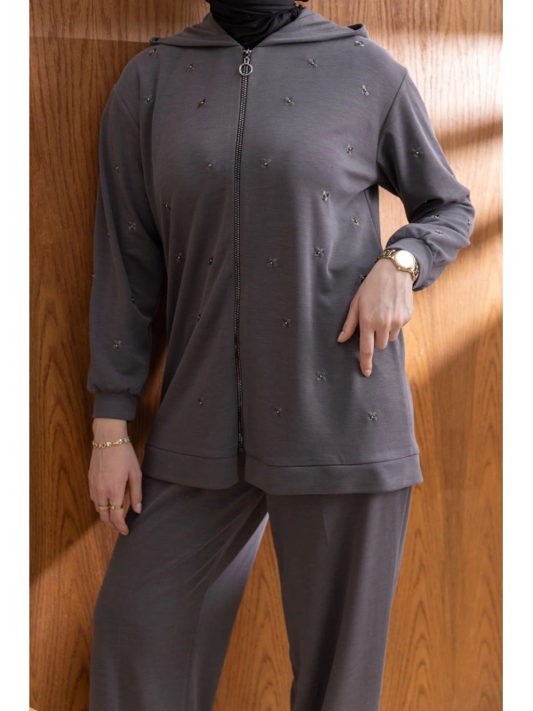 NAKIŞ VE İNCİ DETAYLI PANTOLONLU TAKIM - ANTRASİT