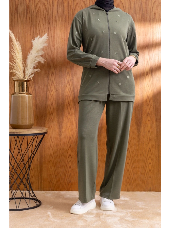 NAKIŞ VE İNCİ DETAYLI PANTOLONLU TAKIM - HAKİ