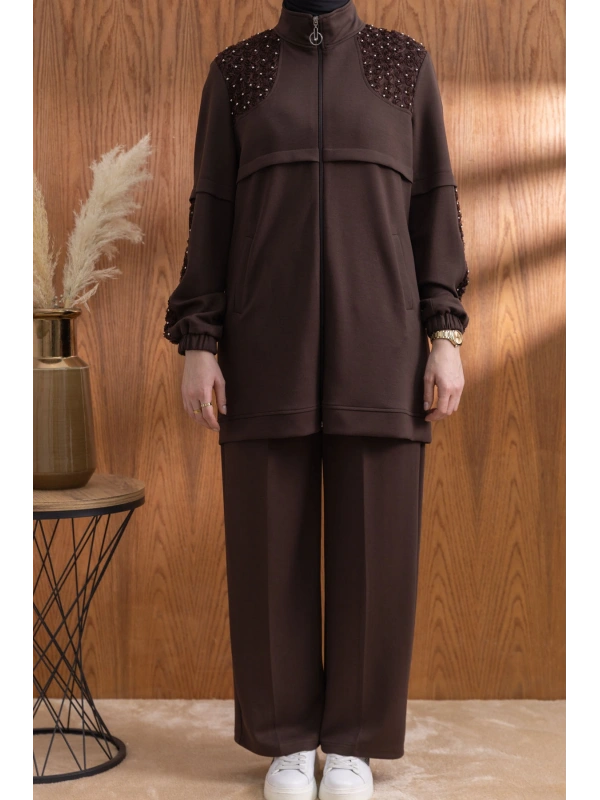 DANTEL DETAYLI PANTOLONLU TAKIM - KAHVE