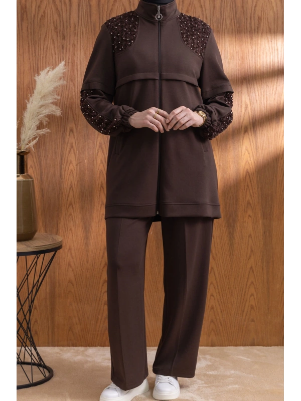 DANTEL DETAYLI PANTOLONLU TAKIM - KAHVE