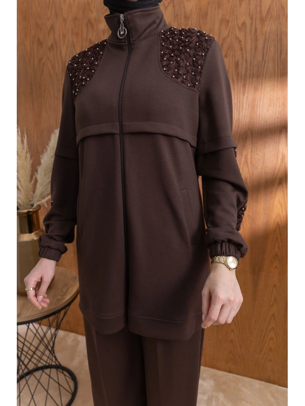 DANTEL DETAYLI PANTOLONLU TAKIM - KAHVE