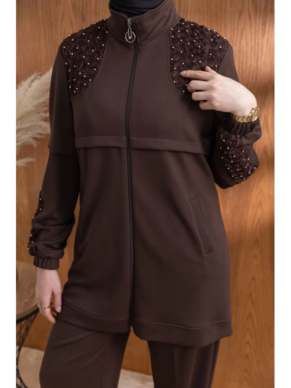 DANTEL DETAYLI PANTOLONLU TAKIM - KAHVE