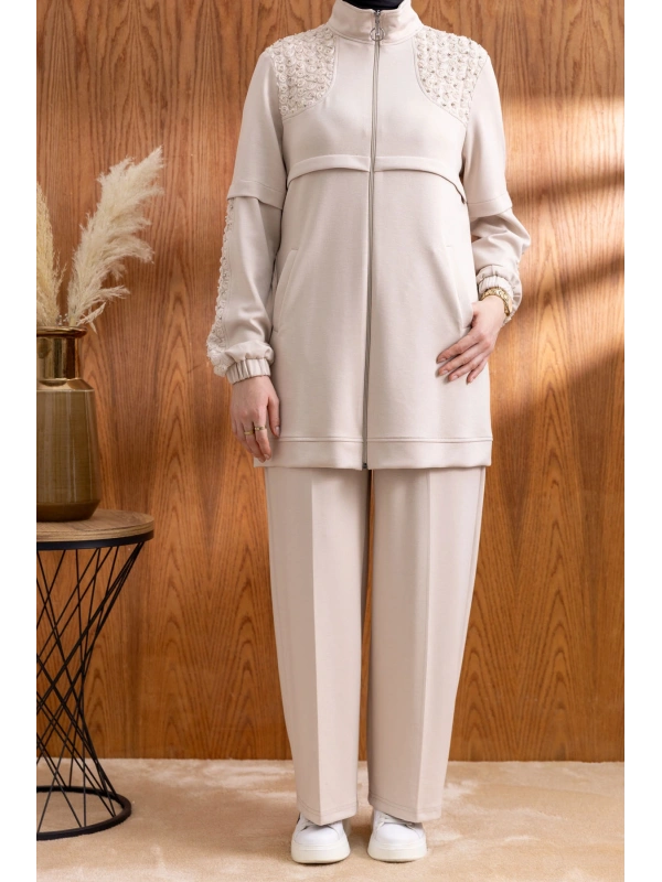 DANTEL DETAYLI PANTOLONLU TAKIM - BEJ