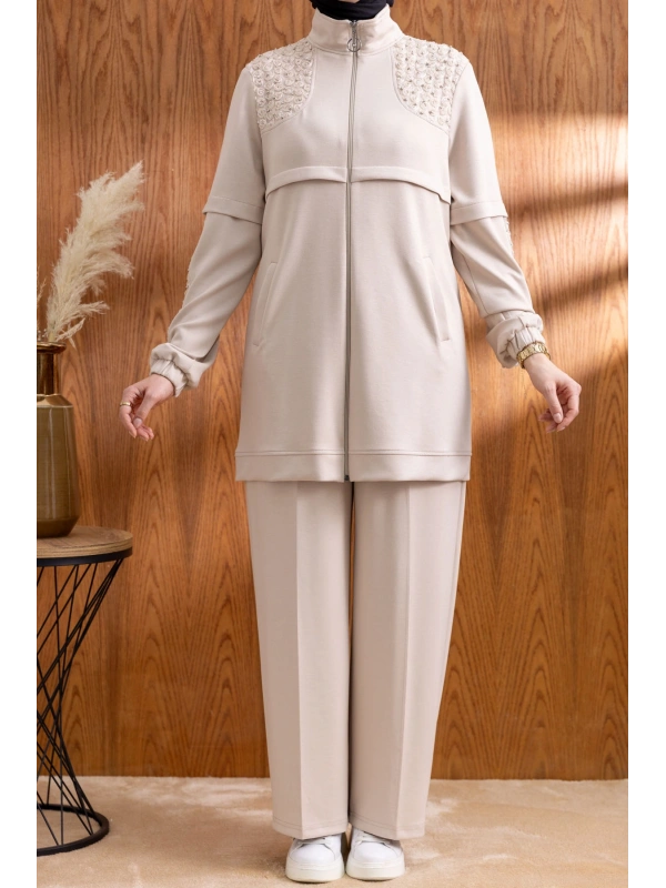 DANTEL DETAYLI PANTOLONLU TAKIM - BEJ