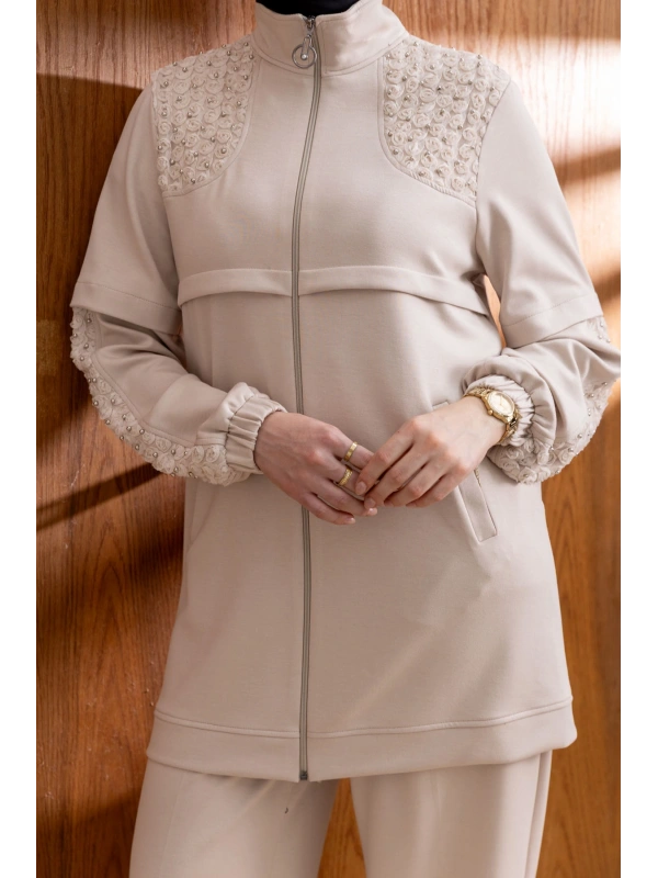 DANTEL DETAYLI PANTOLONLU TAKIM - BEJ