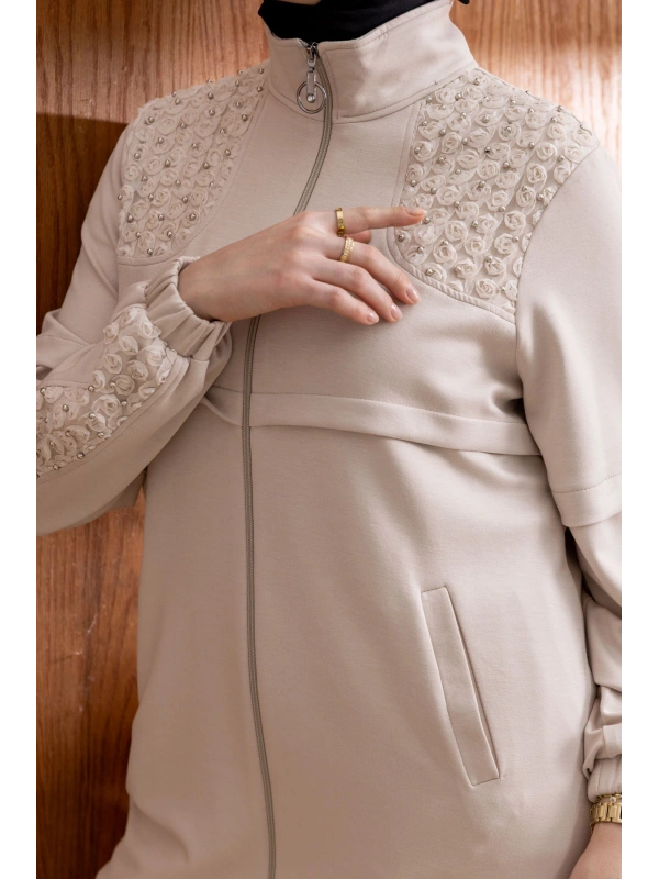 DANTEL DETAYLI PANTOLONLU TAKIM - BEJ