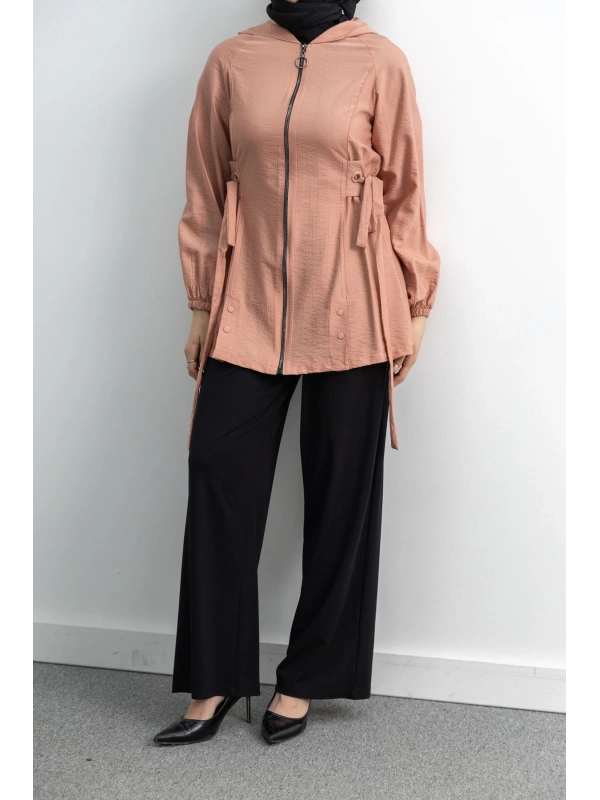 Letafet Şerit Detaylı Kapüşonlu Fermuarlı Ceket - GÜL