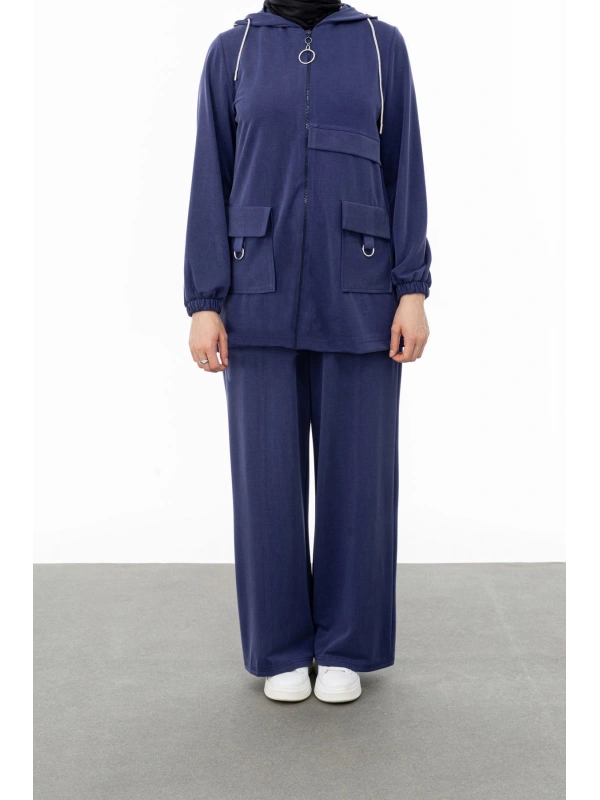 ALLERLİ CEPLERİ HALKA DETAYLI PANTOLON TAKIM - MAVİ
