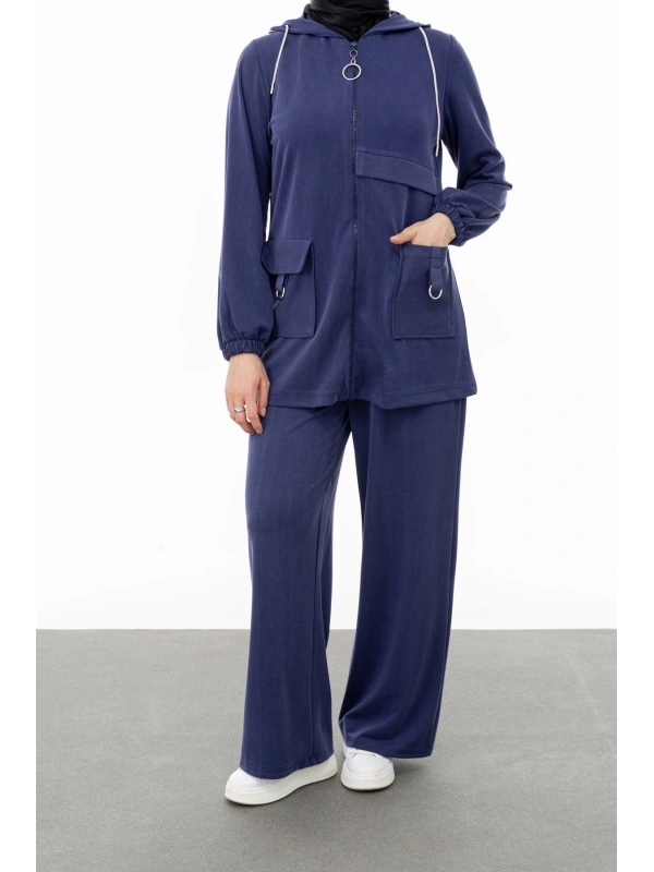 ALLERLİ CEPLERİ HALKA DETAYLI PANTOLON TAKIM - MAVİ