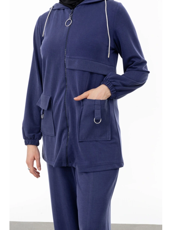 ALLERLİ CEPLERİ HALKA DETAYLI PANTOLON TAKIM - MAVİ