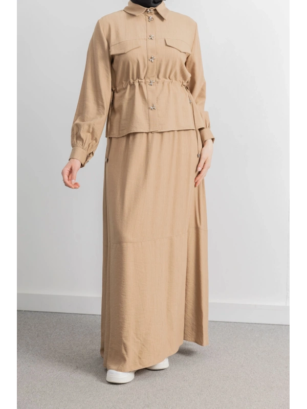 BEL BÜZGÜ DETAYLI ETEK TAKIM - CAMEL