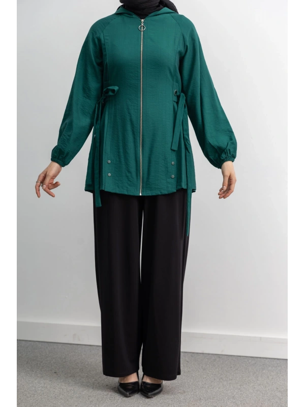 Letafet Şerit Detaylı Kapüşonlu Fermuarlı Ceket - ZÜMRÜT