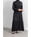 ETEK BÜZGÜ DETAYLI JAKAR ELBİSE - SİYAH - LEOPAR