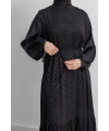 ETEK BÜZGÜ DETAYLI JAKAR ELBİSE - SİYAH - LEOPAR