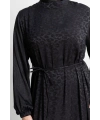 ETEK BÜZGÜ DETAYLI JAKAR ELBİSE - SİYAH - LEOPAR