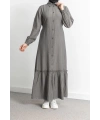 LETAFET ÖNÜ DÜĞMELİ BÜZGÜLÜ ELBİSE - GRİ
