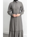 LETAFET ÖNÜ DÜĞMELİ BÜZGÜLÜ ELBİSE - GRİ