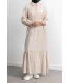 LETAFET ÖNÜ DÜĞMELİ BÜZGÜLÜ ELBİSE - BEJ