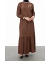 RİBANALI ETEĞİ BÜZGÜLÜ ELBİSE - KAHVE