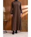 YAKASI VE MANŞETİ RİBANALI ELBİSE - KAHVE