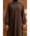 YAKASI VE MANŞETİ RİBANALI ELBİSE - KAHVE