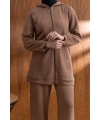 Letafet Kapüşonlu Düğme Detaylı Ceketli Pantolonlu Takım - AÇIK KAHVE