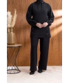 LETAFET DÜĞME ŞERİT DETAYLI KAPÜŞONLU PANTOLONLU TAKIM - SİYAH