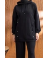 LETAFET DÜĞME ŞERİT DETAYLI KAPÜŞONLU PANTOLONLU TAKIM - SİYAH