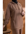 LETAFET DÜĞME ŞERİT DETAYLI KAPÜŞONLU PANTOLONLU TAKIM - AÇIK KAHVE