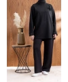 KOLU PİLİSE DETAYLI BROŞLU PANTOLONLU TAKIM - SİYAH
