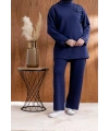 KOLU PİLİSE DETAYLI BROŞLU PANTOLONLU TAKIM - LACİVERT