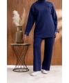 KOLU PİLİSE DETAYLI BROŞLU PANTOLONLU TAKIM - LACİVERT