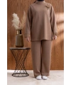 KOLU PİLİSE DETAYLI BROŞLU PANTOLONLU TAKIM - KOYU KAHVE