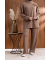 KOLU PİLİSE DETAYLI BROŞLU PANTOLONLU TAKIM - KOYU KAHVE