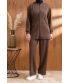 NAKIŞ VE İNCİ DETAYLI PANTOLONLU TAKIM - KAHVE