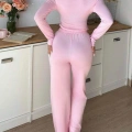 Pembe Dantelli Fiyonk Detaylı Uzun Pamuk Viskon Pijama Takımı