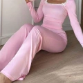 Pembe Dantelli Fiyonk Detaylı Uzun Pamuk Viskon Pijama Takımı