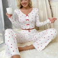 Beyaz Uzun Kollu Pamuklu Kalpli Fiyonklu Pijama Takım