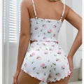 Kadın Süt Beyaz Gül Desenli Şortlu Pijama Takımı