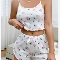 Kadın Süt Beyaz Gül Desenli Şortlu Pijama Takımı
