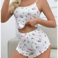 Kadın Süt Beyaz Gül Desenli Şortlu Pijama Takımı
