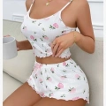 Kadın Süt Beyaz Gül Desenli Şortlu Pijama Takımı