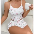 Kadın Süt Beyaz Gül Desenli Şortlu Pijama Takımı