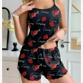 Kadın Siyah Öpücük Desenli Şortlu Pijama Takımı