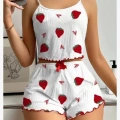 Kadın Ekru Pamuklu Çilek Desenli Şortlu Pijama Takımı