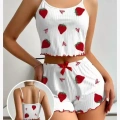 Kadın Ekru Pamuklu Çilek Desenli Şortlu Pijama Takımı